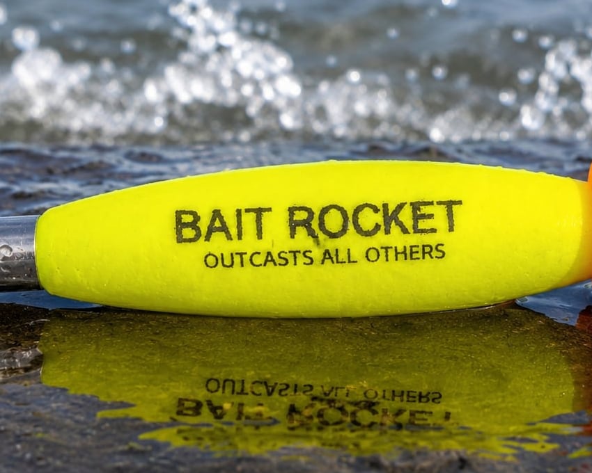A hi-vis yellow Bait Rocket™ float resting at the water's edge, BAIT ROCKET — OUTCASTS ALL OTHERS stamped on its body and reflected in the wet sand.